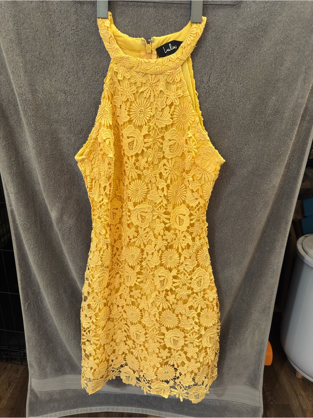 Lulu's Bright Yellow Crochet Halter Mini Dress